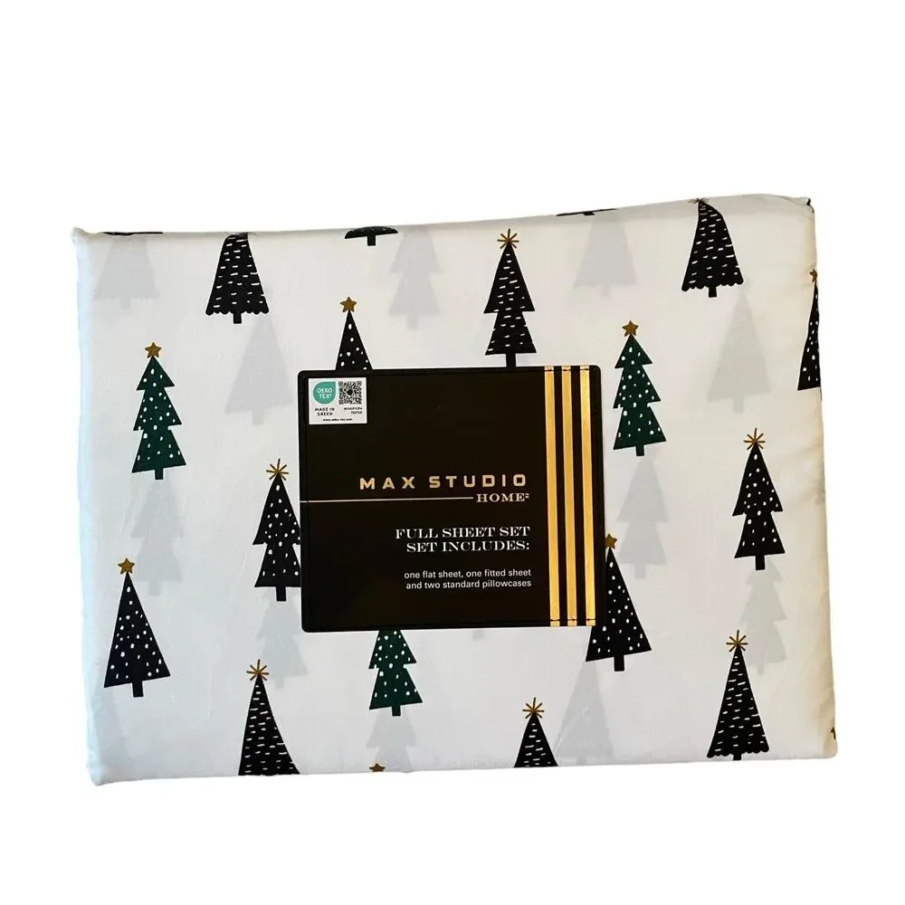 4pc Max Studio Block Christmas Tree Printed Sheet Set FULL Chic Holiday Bedding